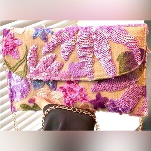 New Beaded Bag - Floral Sequin Clutch Crossbody | Purple Pink Gold Chain